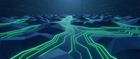 Digital circuit pathways glowing neon green converge across dark blue geometric landscape, representing data flow, network connectivity, technology infrastructure and digital transformation concepts.