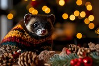 Adorable ferret wearing cozy knitted sweater among pine cones with warm bokeh lights creating festive holiday atmosphere for seasonal greeting cards.