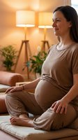 Pregnant woman, East Asian ethnicity, sitting cross-legged on cushion in warm-lit living room with potted plants and tripod lamps, maternity wear, relaxed pose for prenatal wellness content.