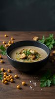 Creamy chickpea soup with croutons and herbs in black bowl on rustic wooden table, garnished with parsley and olive oil for healthy comfort food.