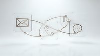 Business communication icons with connecting arrows showing email phone and chat workflow on white background for corporate presentations.