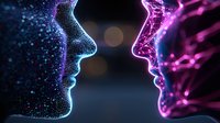 Glowing particle profiles of two faces in blue and pink neon colors facing each other against dark background, representing digital connection and communication.