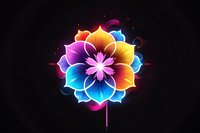 Vibrant glowing flower with rainbow colored petals on black background, featuring neon light effects and magical luminous elements perfect for modern design projects.