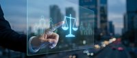 Professional businessman touching digital justice scales interface with legal icons on transparent screen against modern city skyline background.