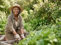 Senior woman with gray hair, wearing a straw hat and beige work clothes, tending to plants in a lush garden. Gardening, agriculture, and outdoor lifestyle.