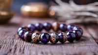 Purple agate beaded bracelet with rhinestone spacers on rustic wooden background, spiritual wellness jewelry for meditation and healing practices.