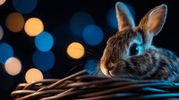 Young brown rabbit in wicker basket against dark background with blurred bokeh lights creating magical atmosphere, dramatic lighting highlights bunny's features.