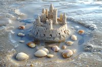 Detailed sandcastle on beach surrounded by seashells and gentle waves, captured in soft natural lighting with shallow depth of field for dreamy summer mood.