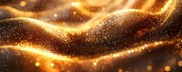 Glowing golden waves with sparkling particles flow through dark space creating magical abstract background with bokeh light effects and shine.