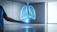Medical professional displaying holographic lung anatomy in modern healthcare technology interface for respiratory system education and diagnosis.