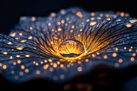 Macro water droplet on blue feather with golden bokeh lights creating magical dewdrop reflection and sparkling illumination against dark background.
