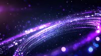 Glowing purple and blue particles flow in curved lines against dark background with bokeh light effects and sparkles creating magical atmosphere.