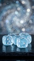Translucent blue dice with white dots arranged on dark surface against bokeh light background with floating particles, suitable for gaming, luck, chance, gambling, and fortune concepts.