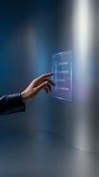 Businessman hand touching futuristic holographic interface with cloud services menu options in modern digital technology environment.