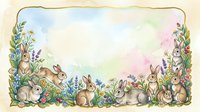 Watercolor spring border with cute rabbits and wildflowers on pastel background for Easter cards, children books and seasonal designs.