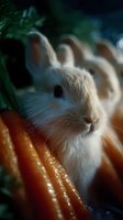 Adorable white baby bunny rabbit nestled among fresh orange carrots, close-up portrait with soft bokeh background and natural lighting effect.