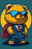 Cool teddy bear character in business suit, red cape and sunglasses on turquoise background. Cartoon mascot design for branding and merchandise.