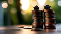 Stacks of coins with small house models on top representing real estate investment, property savings, mortgage planning and home financing concepts.