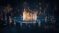 Glowing golden light beams rise from circular digital platform against dark background with bokeh effect, creating futuristic technological visualization.
