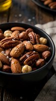 Mixed nuts with sea salt in black bowl on rustic wooden table for healthy snacking and cooking recipes.
