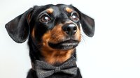 Adorable dachshund puppy wearing grey bow tie looking up with expressive eyes against white background, isolated portrait for pet photography and greeting cards.
