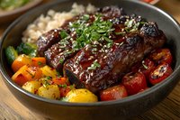 Glazed beef short ribs served with roasted vegetables and rice in dark ceramic bowl, garnished with sesame seeds and fresh herbs, close up food photography.