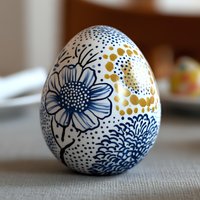 Hand-decorated Easter egg with blue floral pattern and gold accents on white surface. Traditional folk art design features detailed dots and botanical elements.