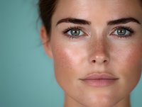 Close up portrait of young Caucasian woman with natural makeup, freckles, green eyes and defined eyebrows against turquoise background. Fresh glowing skin and neutral expression.