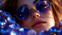 Young woman wearing round blue reflective sunglasses in dramatic lighting with bokeh effects and crystal decorations creating dreamy atmospheric mood.