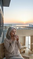 Mature Caucasian woman enjoying morning coffee on luxury apartment balcony with city skyline view at sunrise, peaceful retirement lifestyle moment.
