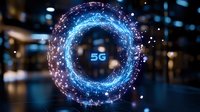 Futuristic 5G network technology hologram with glowing blue circular data visualization and connected particles in modern digital environment for telecommunications.
