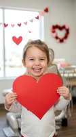 Happy young girl holding red paper heart with Valentine decorations in bright home interior for holiday celebration and family love concept.