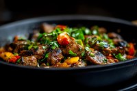 Juicy beef stir fry with colorful bell peppers and fresh herbs in black pan, close up view with selective focus on meat chunks and vegetables.