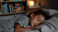Mixed race child sleeping peacefully in bed at night with soft warm lighting and bookshelf in background, capturing tranquil bedtime moment.