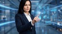 Professional businesswoman interacting with futuristic holographic interface displaying digital icons and data analytics in modern office environment.