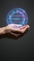 Male hand holding glowing digital sphere with sound wave analytics and data visualization interface for technology, innovation, and audio analysis concepts.