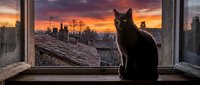 Black cat sitting on windowsill gazing at dramatic sunset over urban rooftop landscape. Perfect for pet, nature, and lifestyle editorial and commercial projects.