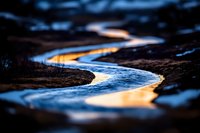 Meandering stream reflecting golden sunset light creates abstract pattern through dark landscape, shallow depth of field captures ethereal mood in nature.