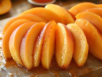 Fresh juicy peach slices arranged in rows on wooden cutting board, showing bright orange flesh and natural texture in macro photography detail.