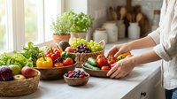 Unrecognizable woman arranging fresh organic vegetables and fruits on kitchen counter near window, preparing healthy meal ingredients for cooking.