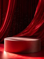 Round red podium with flowing silk curtains and sparkles against dark background. Dramatic lighting creates luxurious atmosphere for product display presentation.
