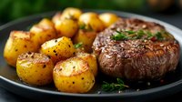 Juicy grilled beef steak with golden baby potatoes seasoned with herbs and spices on dark plate, close up view of gourmet dinner preparation.
