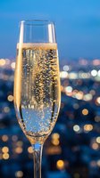 Champagne flute with golden bubbles against blurred city lights at dusk for celebration and luxury lifestyle concepts.