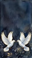 Two white doves facing each other with golden accents and ornamental foliage on dark moody background. Symbolizes peace, love, and harmony for wedding, spiritual, and inspirational designs.