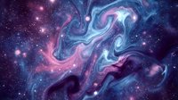 Swirling cosmic nebula with vibrant pink and blue gas clouds, glowing stars, and fluid energy waves flowing through deep space for astronomy and science backgrounds.
