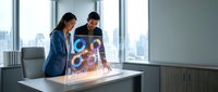 Business professionals analyzing holographic data visualization in modern office with city skyline view for corporate presentations and meetings.
