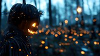 Glowing carved pumpkin in dark misty forest with mysterious bokeh lights creating spooky Halloween atmosphere at dusk, mystical autumn scene.
