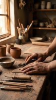 Skilled potter's hands shaping clay on wooden table in traditional ceramic workshop with handmade pottery bowls and artisan tools in warm natural light.