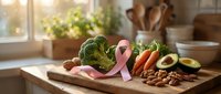 Fresh vegetables, nuts, and a pink ribbon on a wooden cutting board in a sunlit kitchen, promoting healthy eating for cancer awareness.
