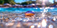 Portuguese man o' war jellyfish floating on sparkling ocean surface with sunlight bokeh and blurred resort background, macro photography in shallow depth of field.